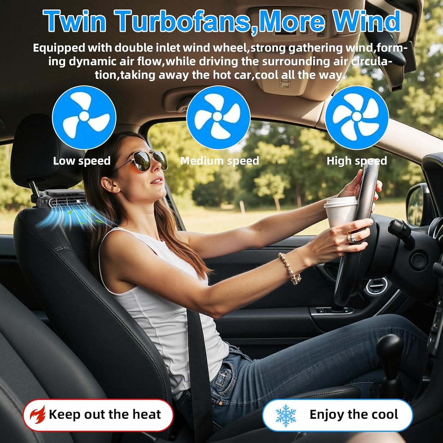 Wireless Car Backseat Fan with 3 Speeds, Portable Ventilation Unit, 3000mAh Rechargeable Battery