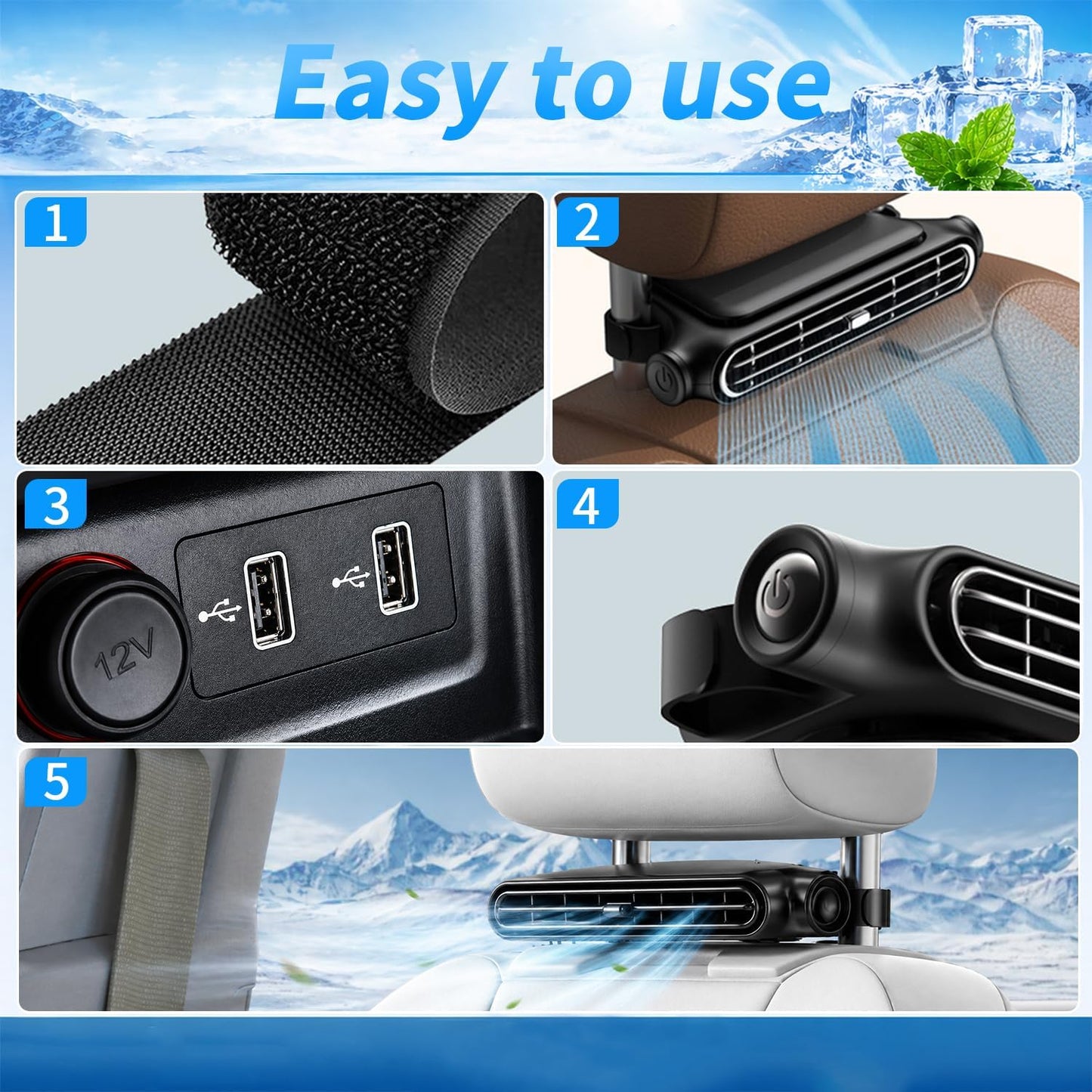 Mini Car Mounted Seat Back Cooling Fan 3 Speed for SUV RV Truck