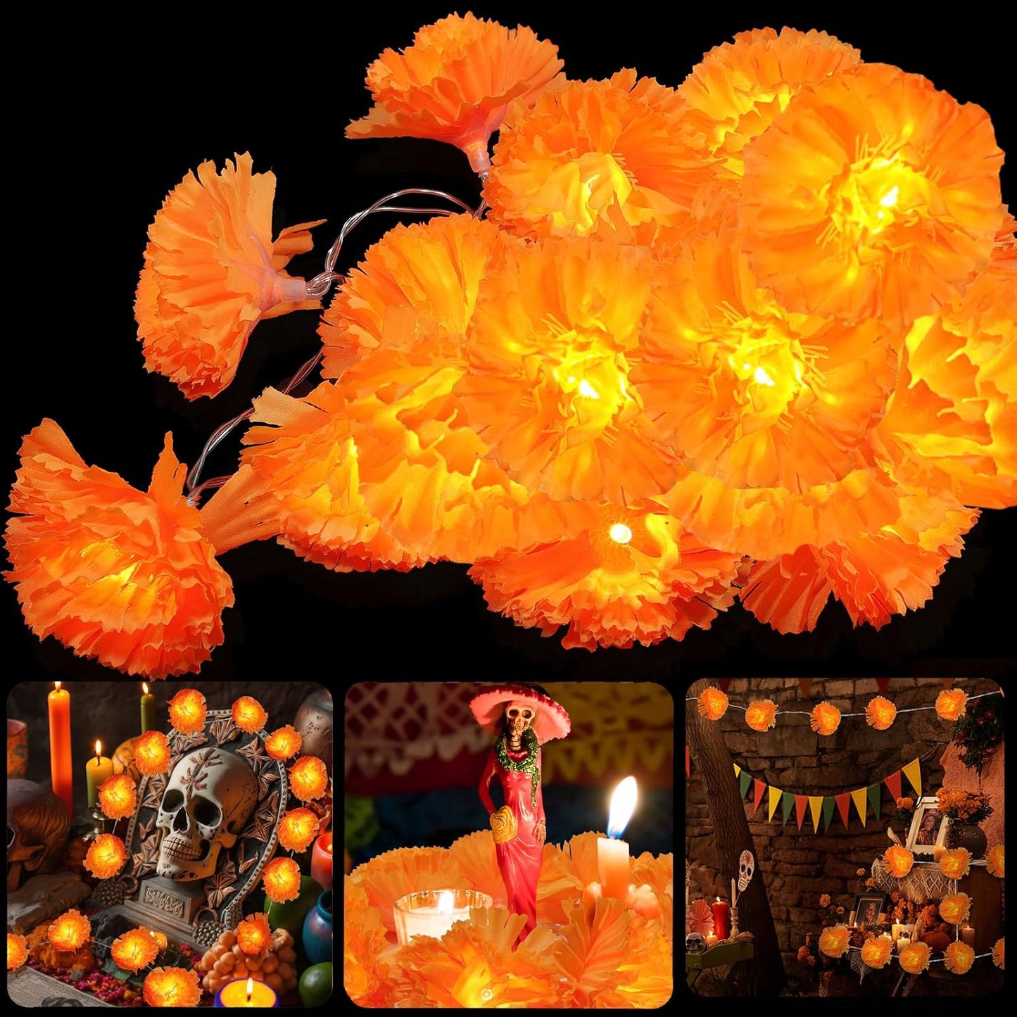 Marigold Garland Lights String for Day of The Dead Decorations 10ft 20 Led