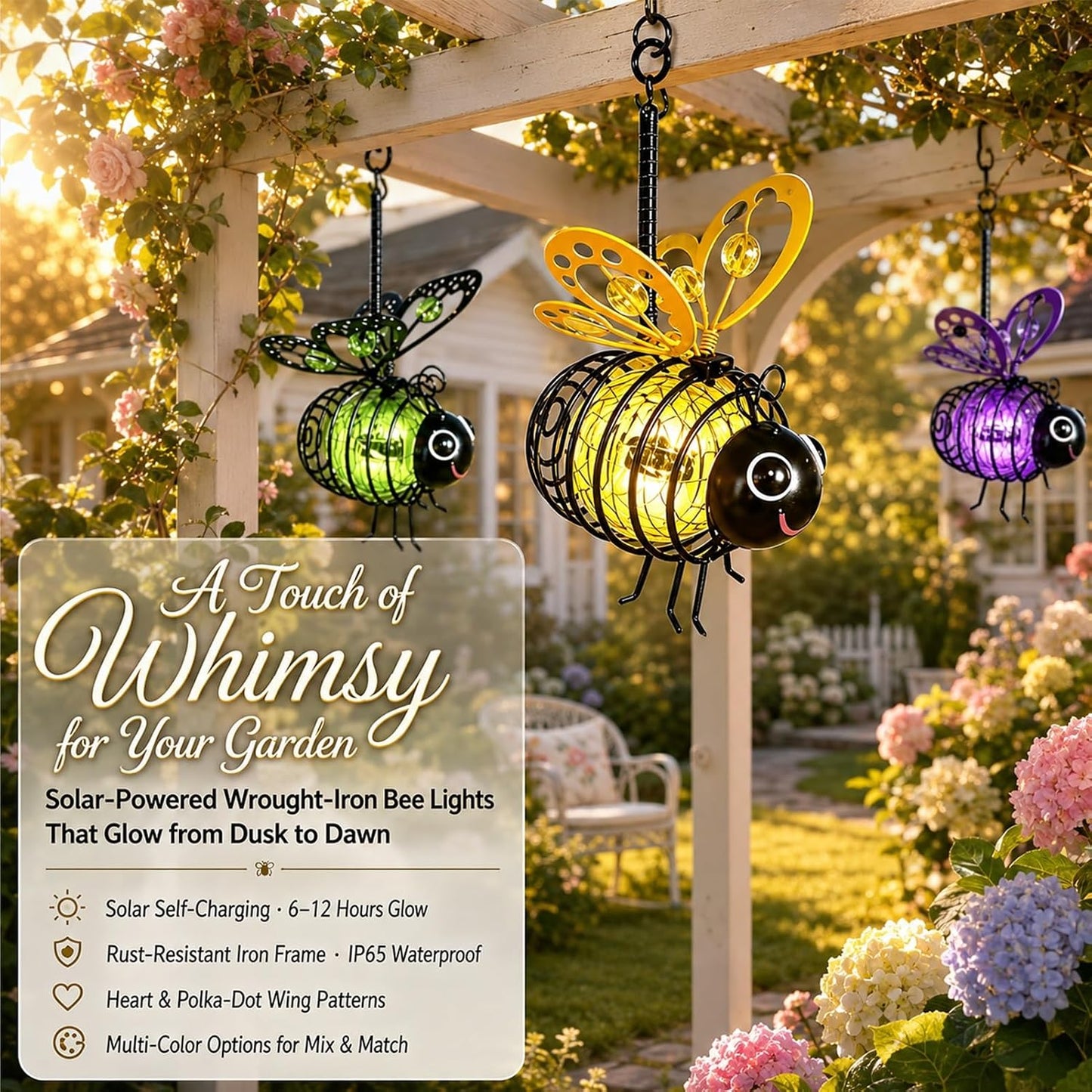 Hanging Solar Bee Light Outdoor Garden Decor Dots Bee Blossom Gifts