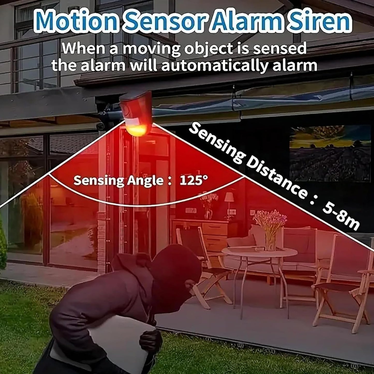 Sound & Light Alarm Outdoor Motion Sensor 129db Siren Sound Alert & 6LEDs Flash Warning
