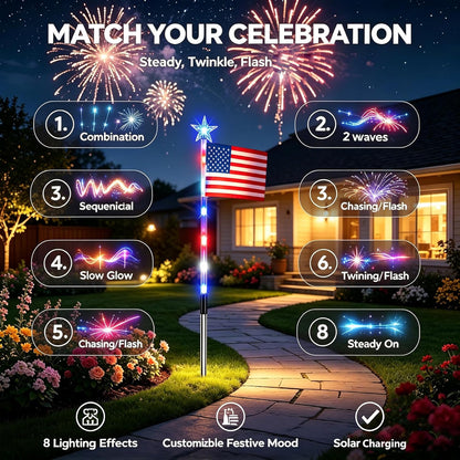 8 Pack Solar American Flag Lights Outdoor, Solar Red White and Blue Star Pathway Stake Lights