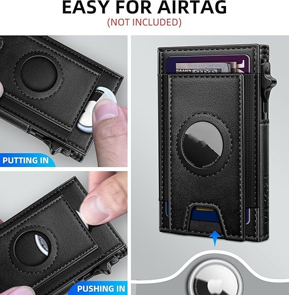 Men's Slim RFID Leather Wallet with AirTag Holder - Pop Up Credit Card Holder RFID Blocking