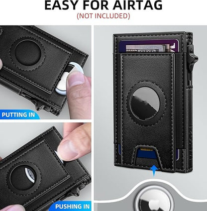 Men's Slim RFID Leather Wallet with AirTag Holder - Pop Up Credit Card Holder RFID Blocking