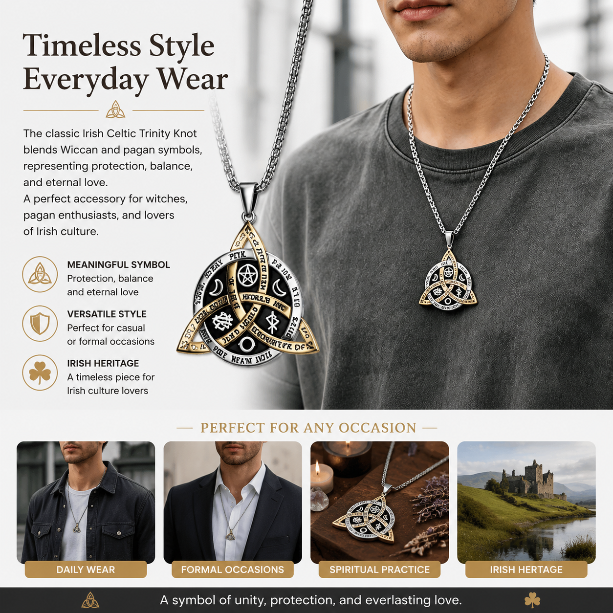 Witch Knot Necklace, Celtic Trinity Knot Triple Goddess Triquetra Pendant with Engraved Inspirational Quotes