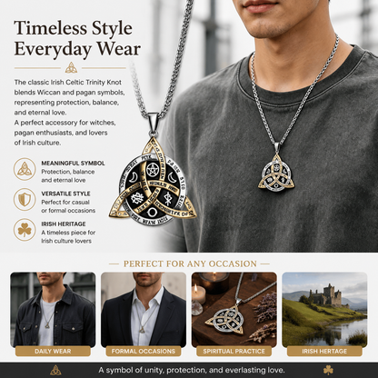 Witch Knot Necklace, Celtic Trinity Knot Triple Goddess Triquetra Pendant with Engraved Inspirational Quotes