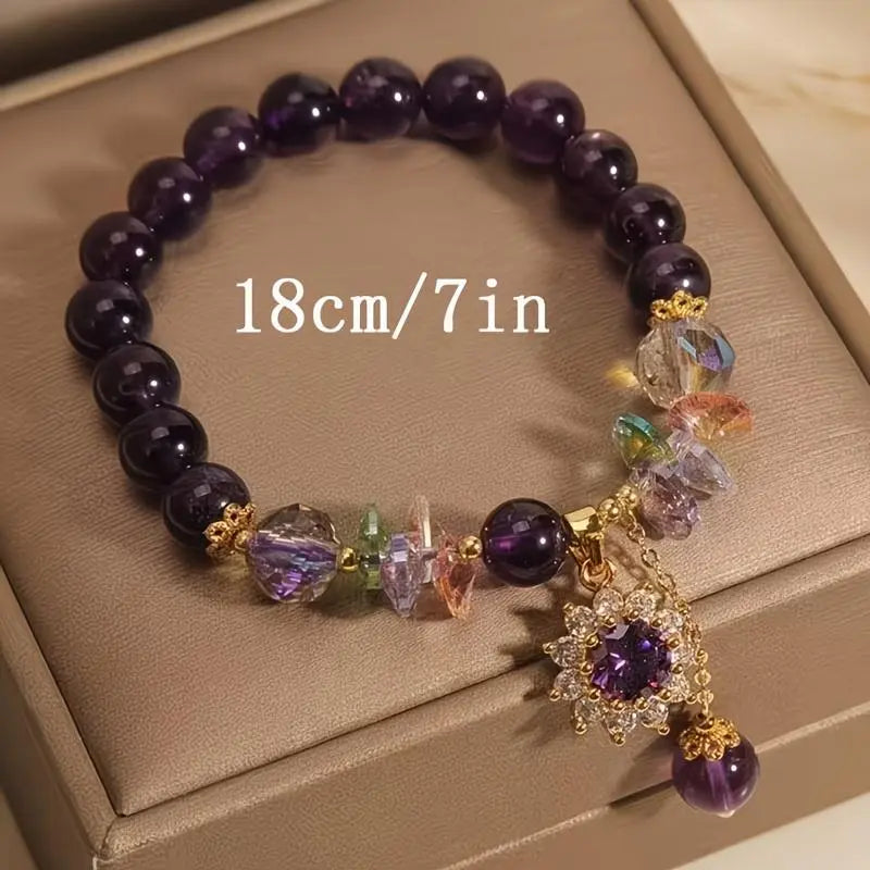 Healing Crystal/Purple Natural Bracelet, Adorned with Sunflower Decoration