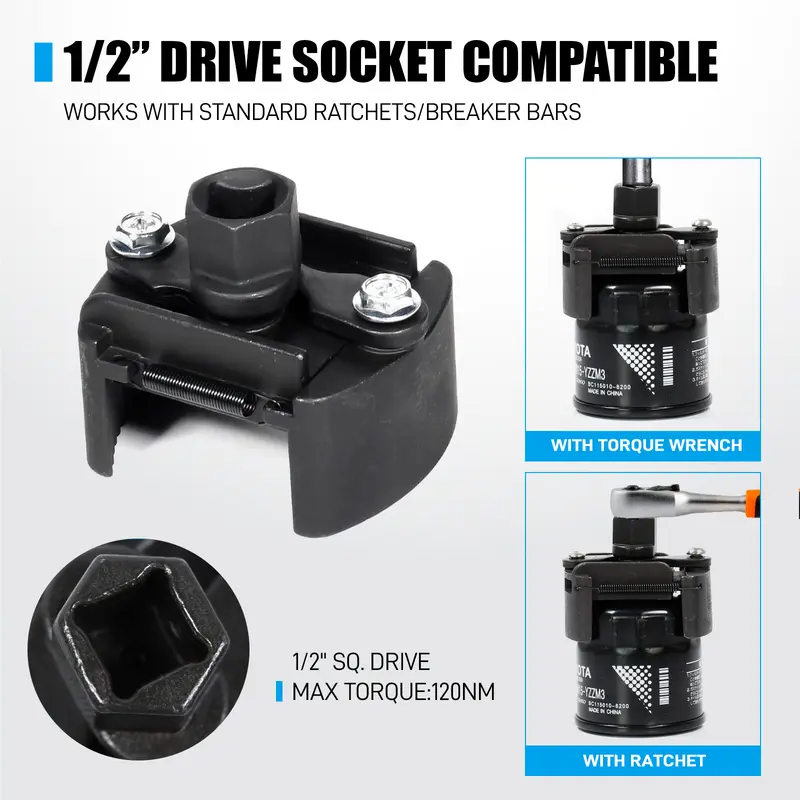 Auto Adjust 2-Jaw Oil Filter Removal Tool, 60-80mm 1/2" Drive Automotive Tool