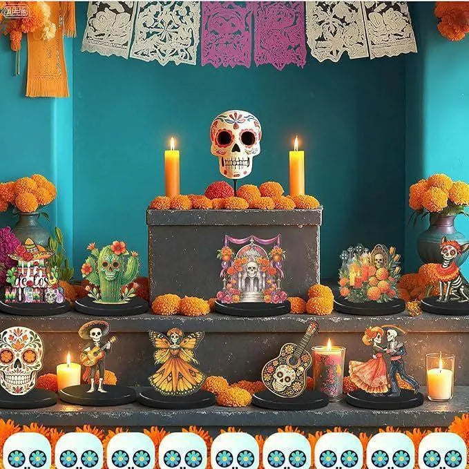 12pcs Traditional Colorful Day of the Dead Wooden Tabletop Decorations