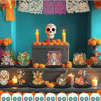 12pcs Traditional Colorful Day of the Dead Wooden Tabletop Decorations