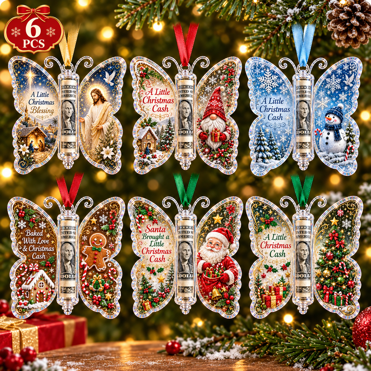 6Pcs Christmas Cash Gift Butterfly Ornament Holiday Money Holder Keepsake