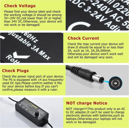 Adjustable Universal Power Supply 3V-24V 3A Max (72W) AC to DC Adapter with 14 Tips & Reverse Polarity Cable