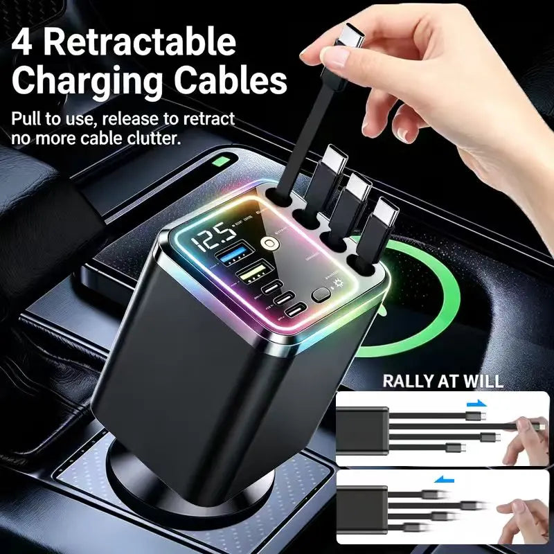 9-in-1-120W Retractable Car Charger with Star Projector Night Light and LED Decorative Light