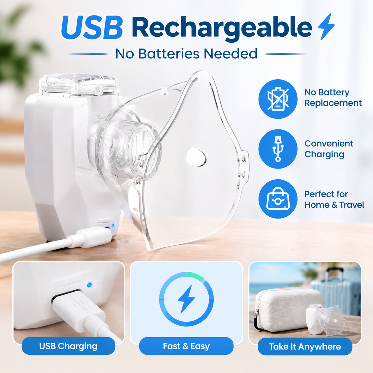 Portable Ultrasonic Mesh Nebulizer - USB Rechargeable, 200mA Lithium Battery, Adjustable Nebulization Rate