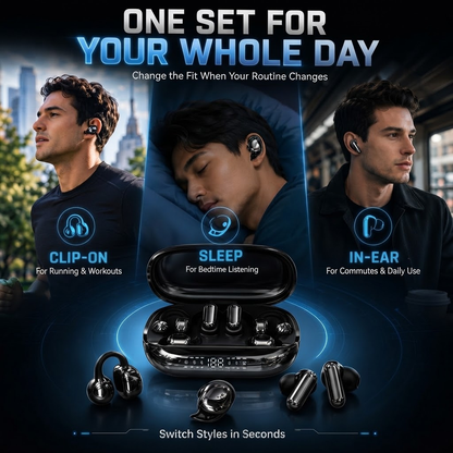 3-in-1 Bluetooth Wireless Earbuds with Chargeable Power Bank Case Interchangeable Clip-On