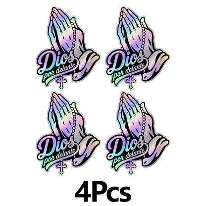 4PCS Dios por delante manos orando Car Sticker – Holographic Religious Faith Vinyl Decal