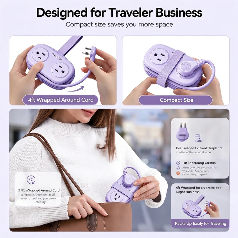 ORICO Purple Travel Power Strip with 4 AC Outlets 3 USB Ports
