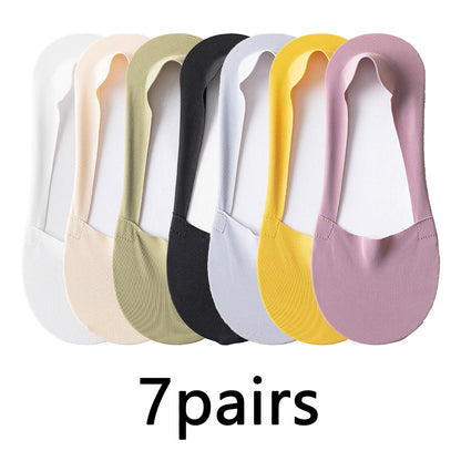 7 Pairs - Summer Thin ice Silk Boat Socks, Cotton Bottom Non-Slip Shallow Mouth Socks