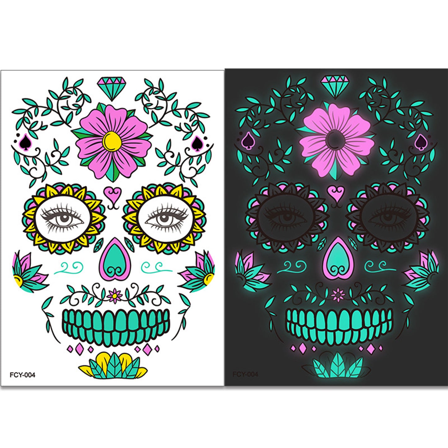 4pcs/set Halloween Glow Tattoos - UV Reactive Sugar Skull Face Decals