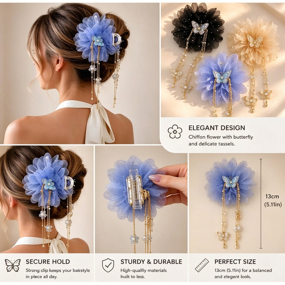 3-Piece Butterfly Tassel & Tulle Peony Hair Clip Set, Non-Slip Claw Clip