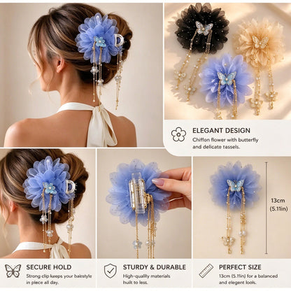 3-Piece Butterfly Tassel & Tulle Peony Hair Clip Set, Non-Slip Claw Clip