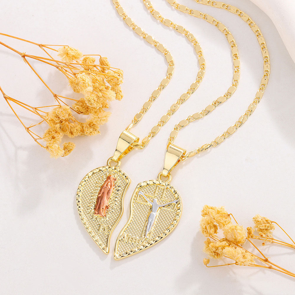 Virgen De Guadalupe Necklace Set Matching Heart Cross Pendant