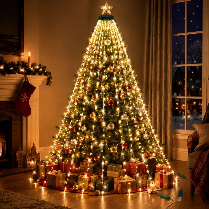 Cascade Christmas Tree String Lights, Remote-Controlled USB-Powered Waterfall Fairy Lights 2 meters, 280 LEDs