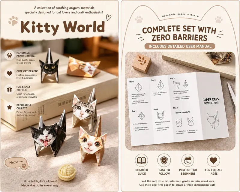 60PCS 3D Cat Origami Kit, DIY Paper Cat Craft Set