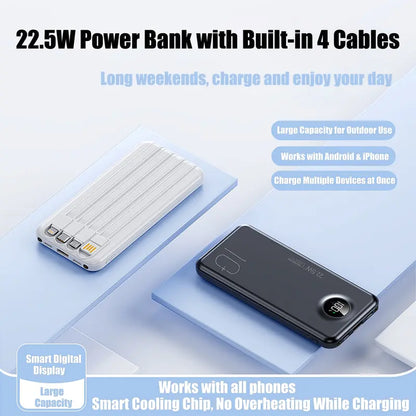 10000mAh Compact Portable Power Bank Charger - 22.5W Fast Charging Battery Power Bank with Built-in Cables