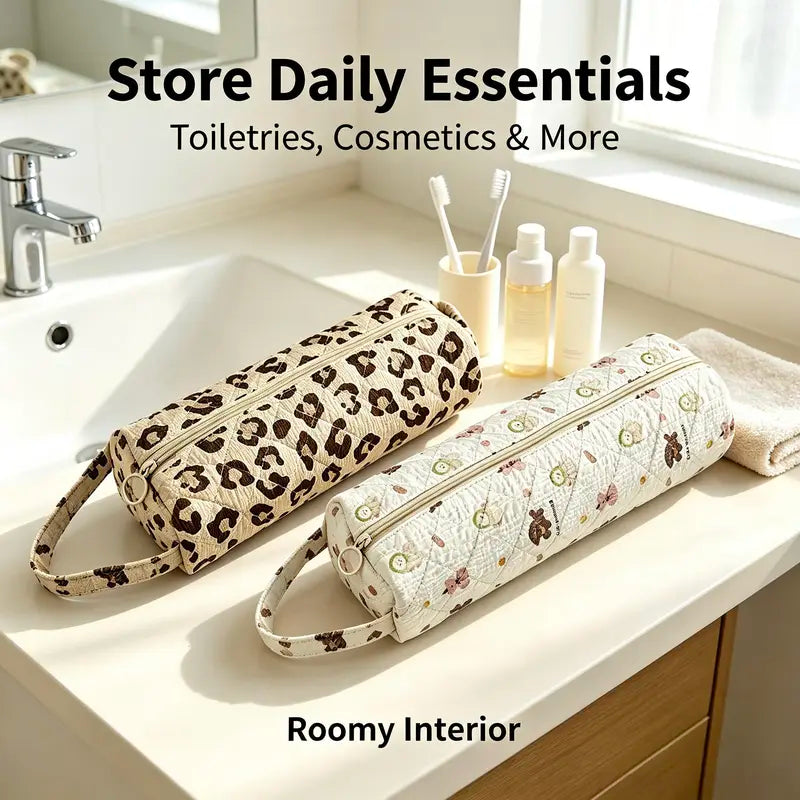 Quilted Multi‑Purpose Storage Bag, Portable Zipper Cosmetic Makeup Pouch with Handle