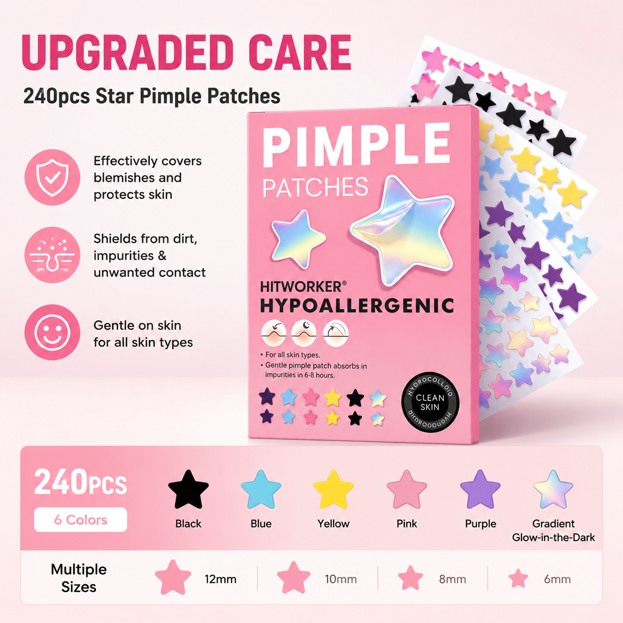 240Pcs Pimple Stars Patches for Face, Hydrocolloid Patches for CoveringZits and Blemishes