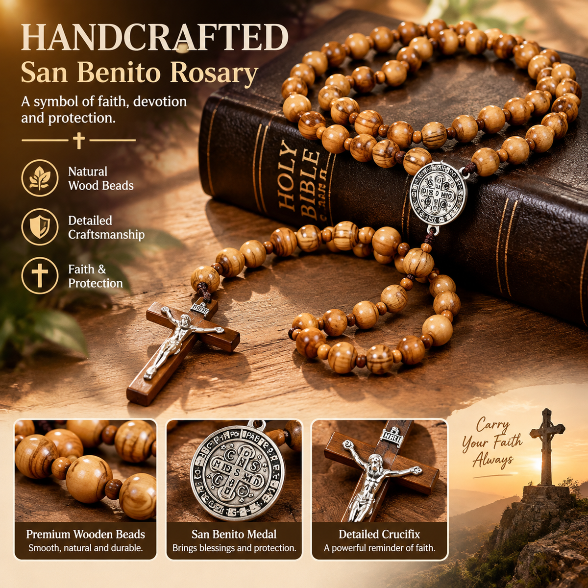 Handmade Wooden Wall Cross with San Benito Medal, 42 Inch Large Crucifix