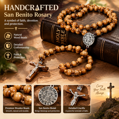 Handmade Wooden Wall Cross with San Benito Medal, 42 Inch Large Crucifix