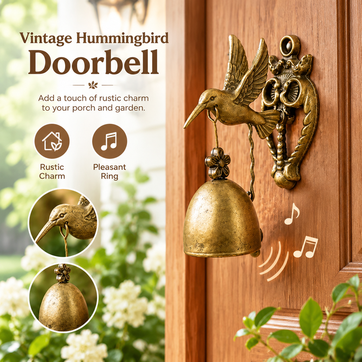 Vintage Hummingbird Doorbell, Wall-Mounted Antique Brass Metal Entry Bell