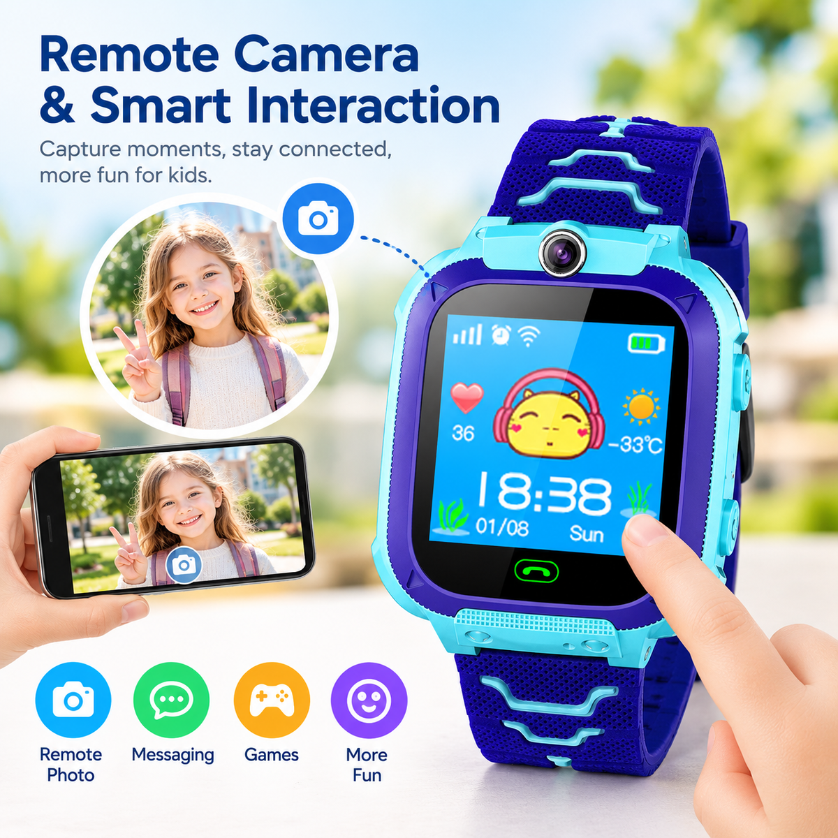 Kids Smart Watch, LBS Positioning SOS Call Watch with Remote Control Camera and Voice Chat
