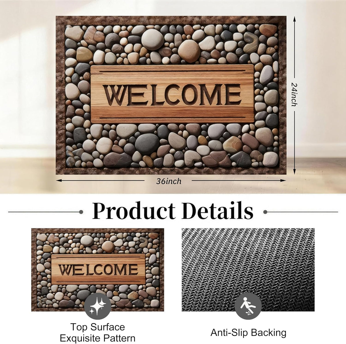 Stone Welcome Door Mat - Non-Slip, Washable Entrance Mat