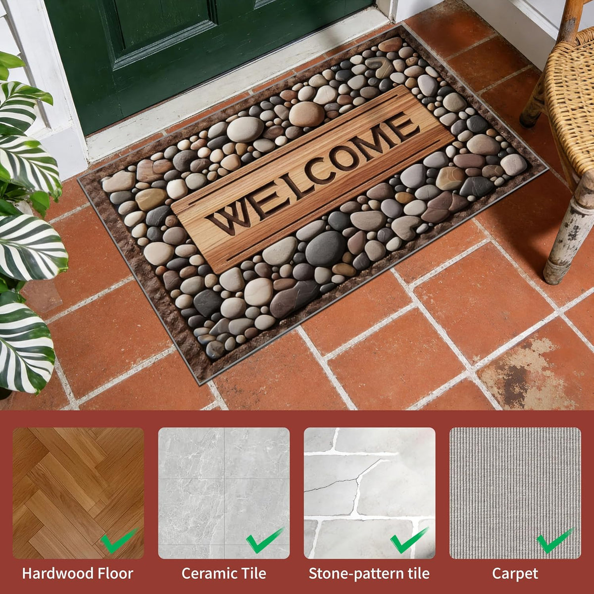 Stone Welcome Door Mat - Non-Slip, Washable Entrance Mat