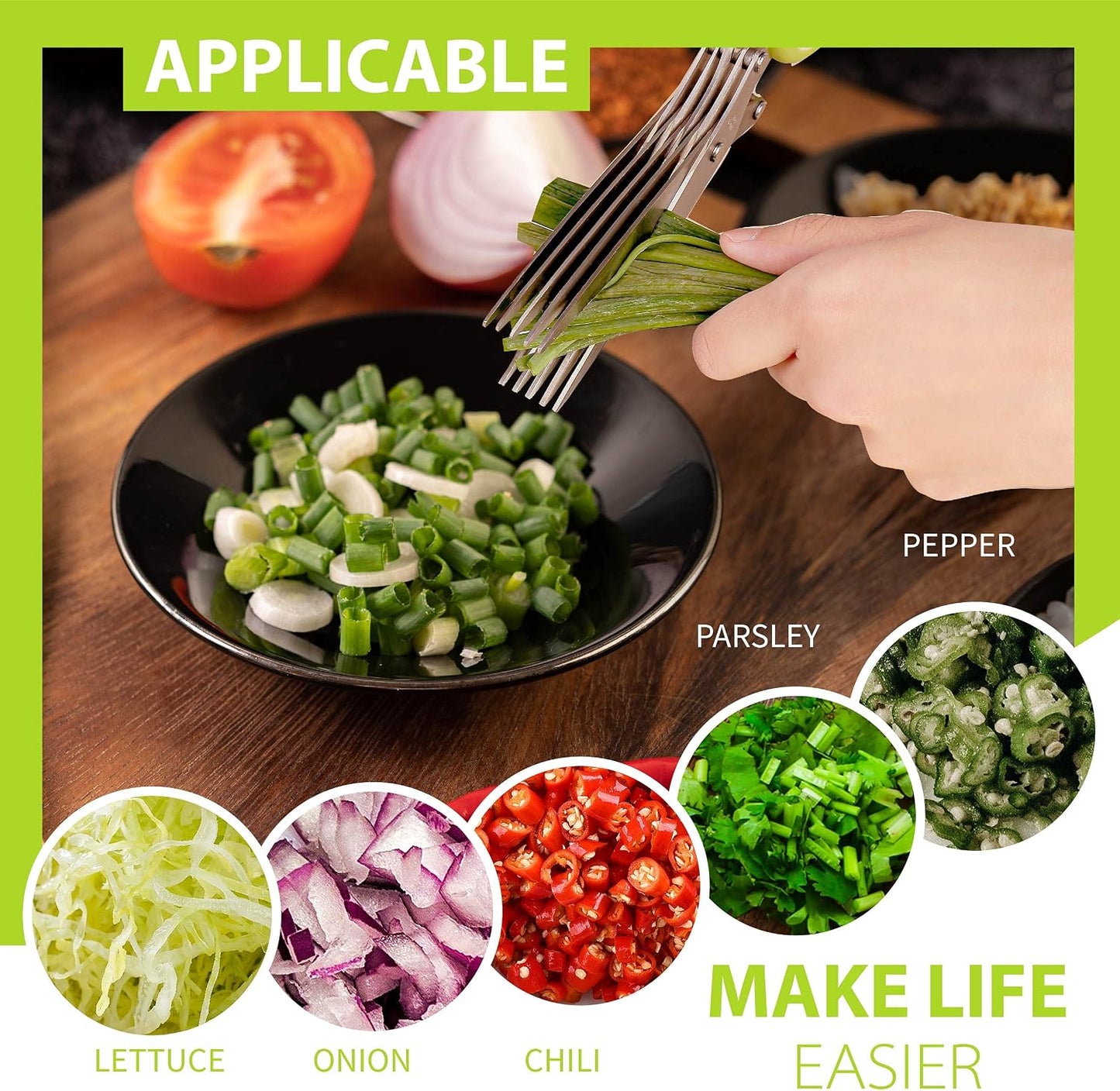 Scissors with 5 Blades & Cleaning Kit, Stainless Steel Kitchen Shears for Herbs, Lettuce, Cilantro, Dishwasher Safe, Soft-Grip Handle