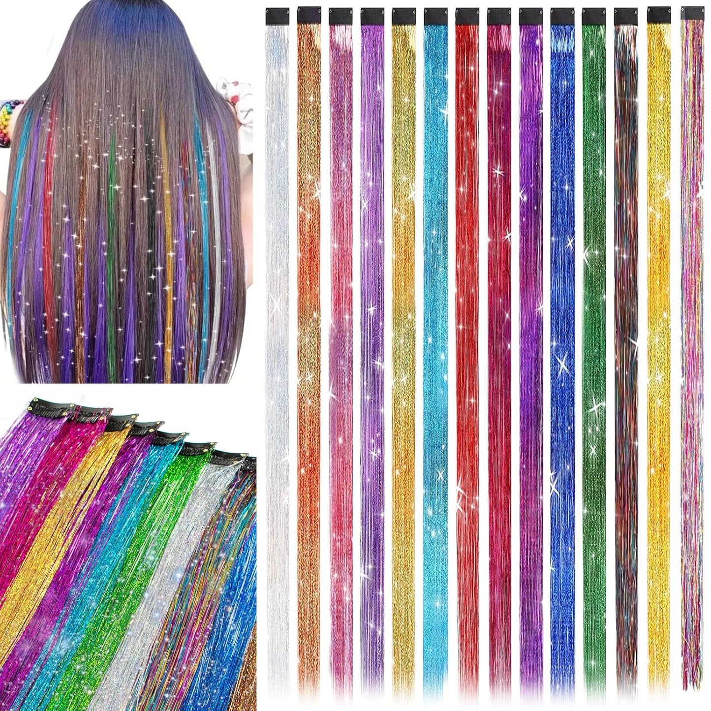 12Pcs Clip In Tinsel Hair Extensions 19.7 Inch Sparking Hairpieces
