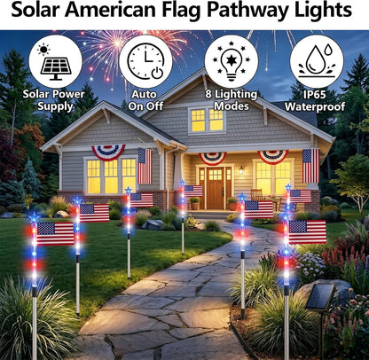 8 Pack Solar American Flag Lights Outdoor, Solar Red White and Blue Star Pathway Stake Lights