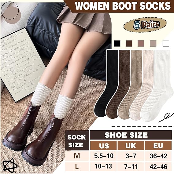 5Pairs Women's Solid Mid-calf Socks, Casual Soft Comfy Warm