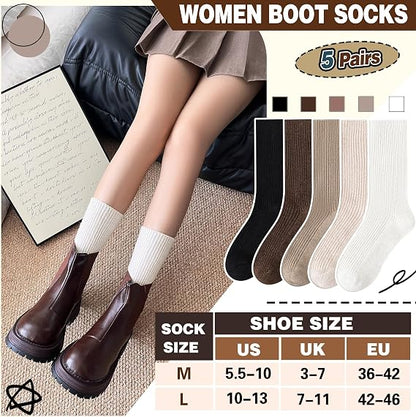 5Pairs Women's Solid Mid-calf Socks, Casual Soft Comfy Warm