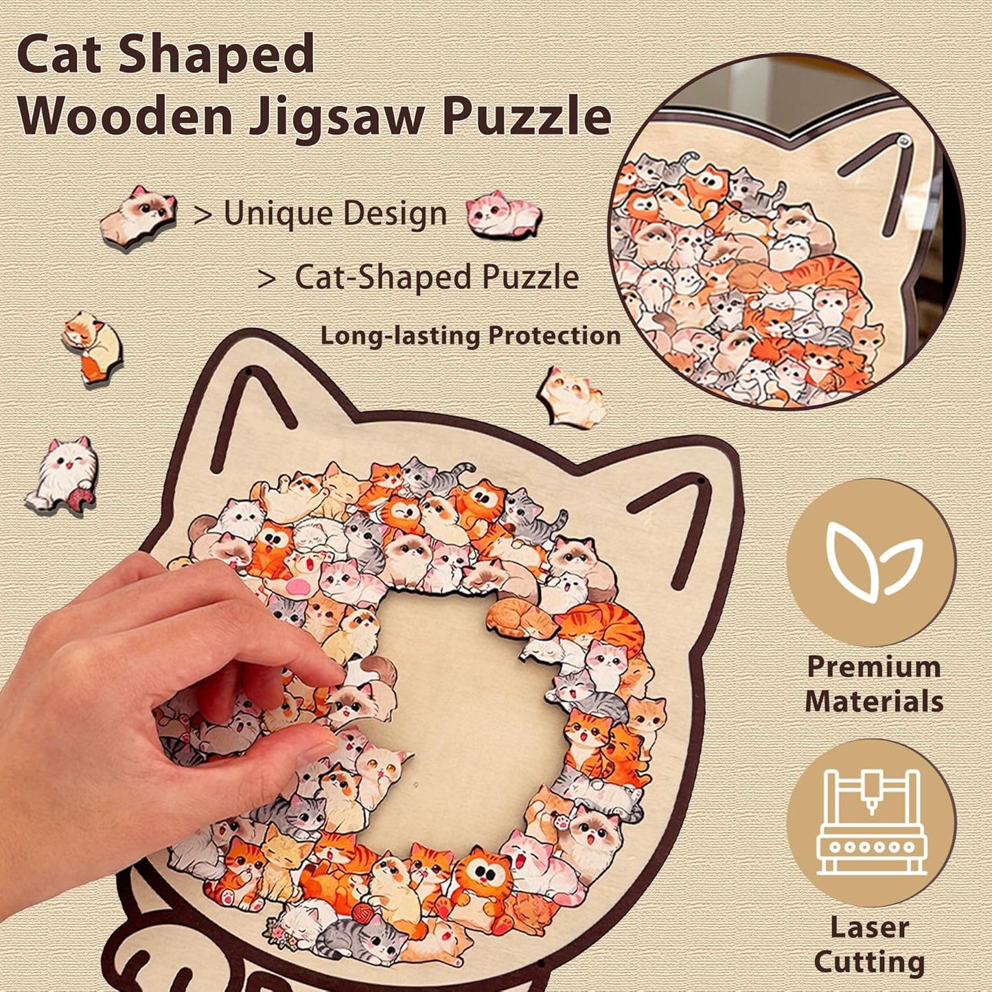 135-Piece Colored Cat Shaped Wooden Jigsaw Puzzle, Cats Shaped Wooden Puzzle