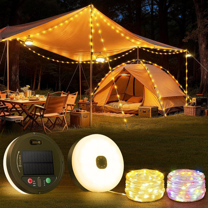 Solar & USB Rechargeable Camping Lights String, 33FT Retractable 3 in 1 Camping Lights 13 Modes