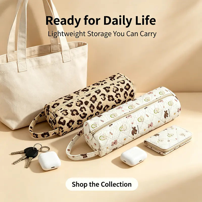 Quilted Multi‑Purpose Storage Bag, Portable Zipper Cosmetic Makeup Pouch with Handle
