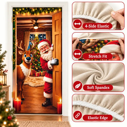 Colorful Santa Theme Reindeer Print Stretch Fabric Christmas Door Cover