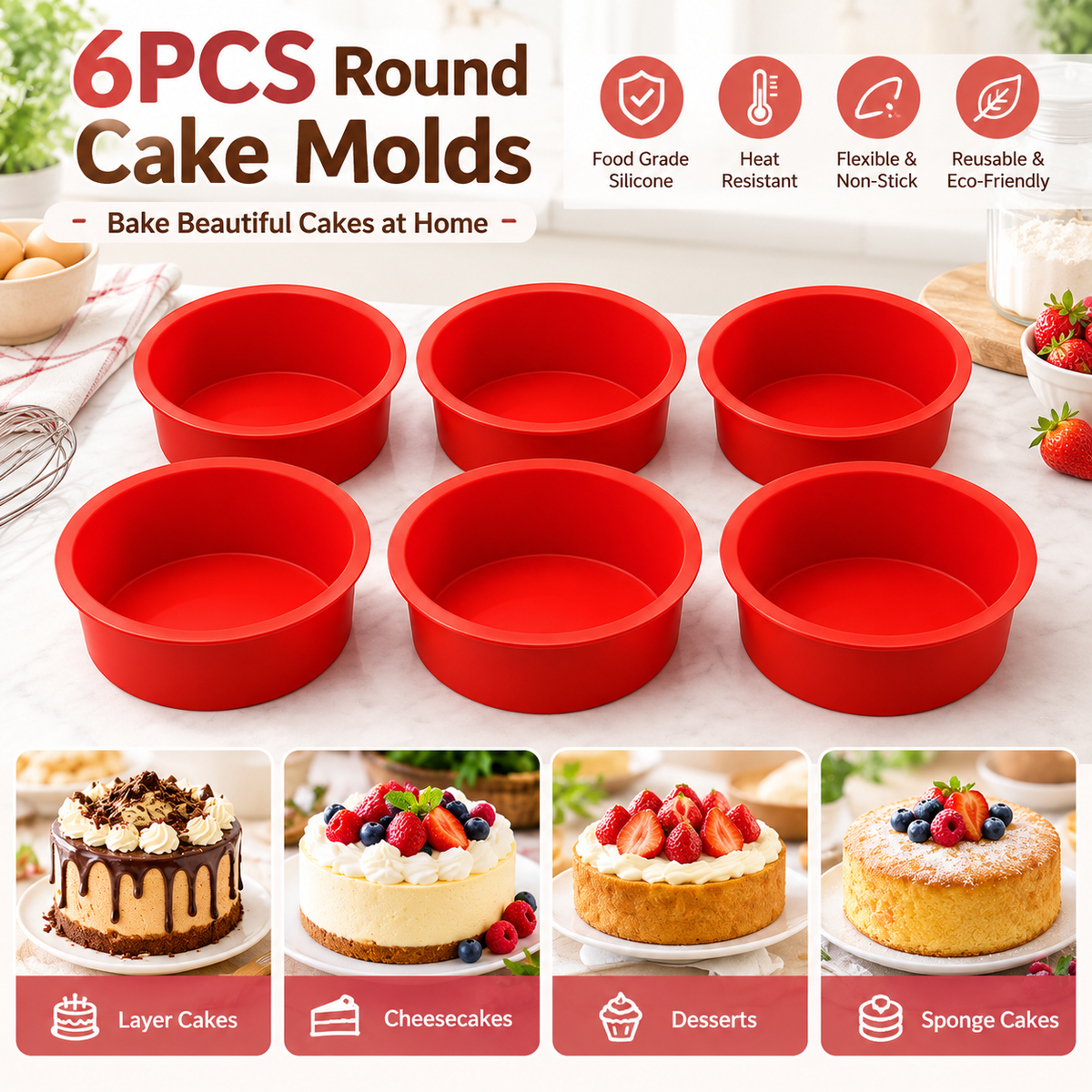 6-Piece Silicone Mini Cake Pans - 4 in Non-Stick Anti-Adhesive Muffin Cupcake Tins & Moulds