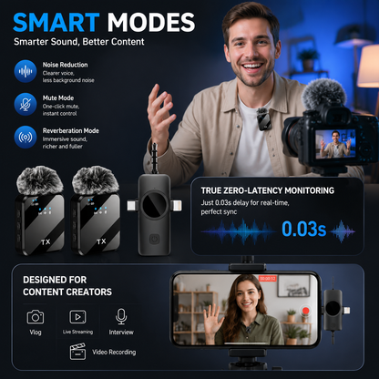 3 in 1 Wireless Lavalier Microphone for iPhone/Android/Camera,328ft Transmission, 18H Battery Life