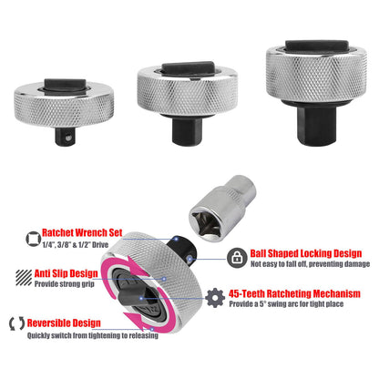 3Pcs Mini Finger Ratchet Set, 1/4 3/8 1/2 Drive Palm Ratchet Wrench Set