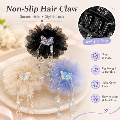 3-Piece Butterfly Tassel & Tulle Peony Hair Clip Set, Non-Slip Claw Clip